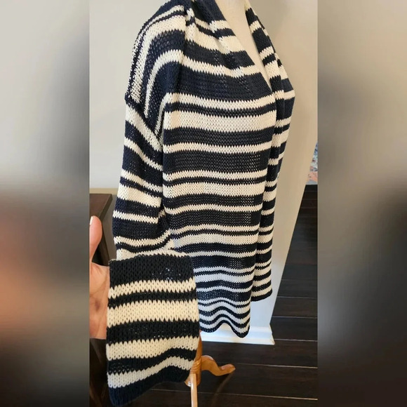 Wooden Ships •Size M-L• Longline Open Knit Cardigan Navy Blue & White Anthro - Picture 5 of 7